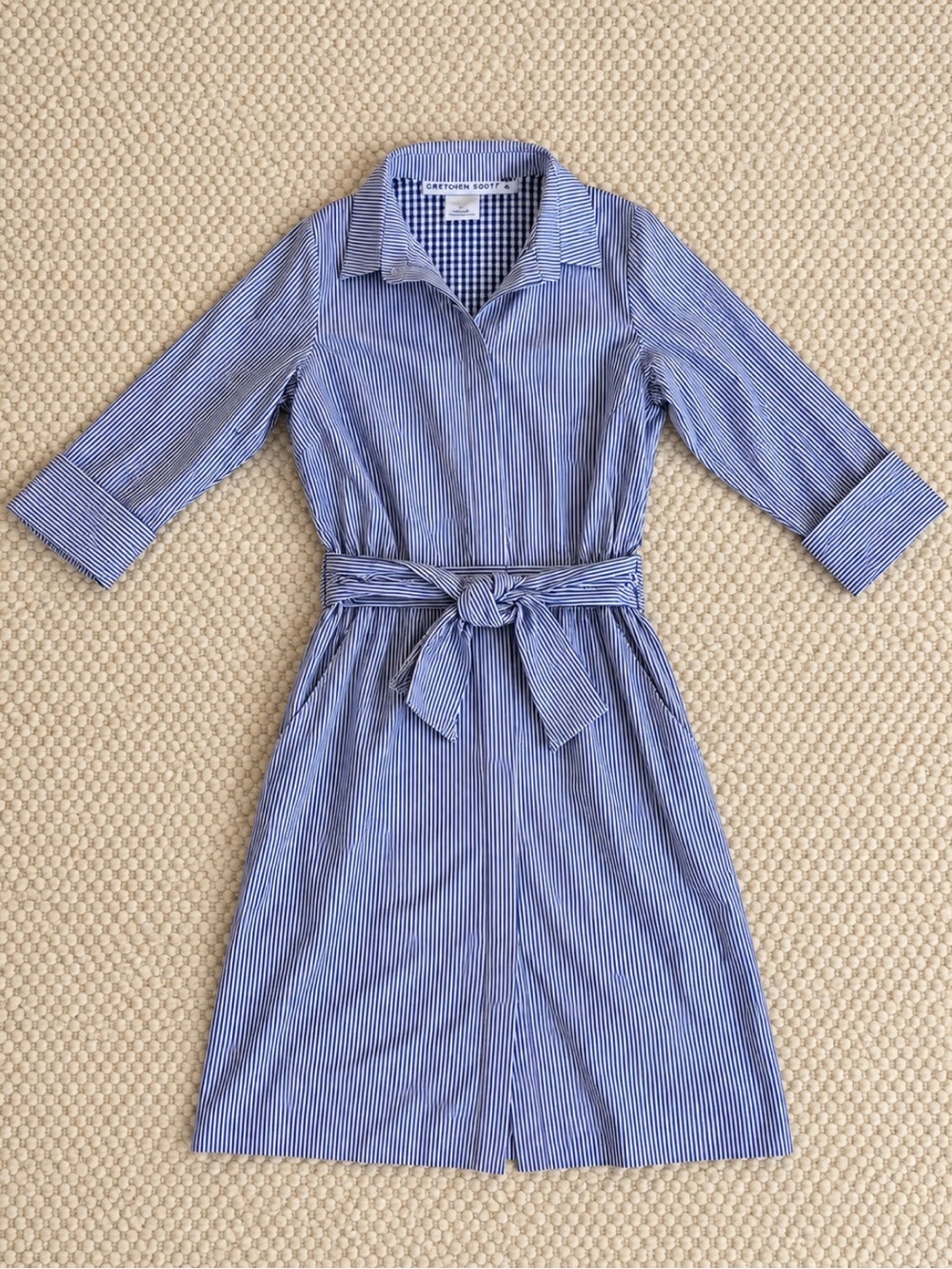 Gretchen Scott Blue White Striped Belted Shirt Dress Size S